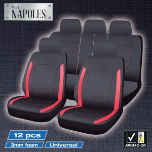 HOUSSES DE SIEGE NAPLES 12 PCS NOIR SURPIQURES ROUGE
