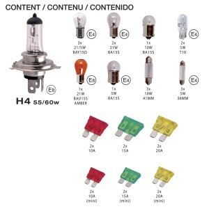 COFFRET D'AMPOULES DE REMPLACEMENT H4 + 18 AMPOULES + 12 FUSIBLES