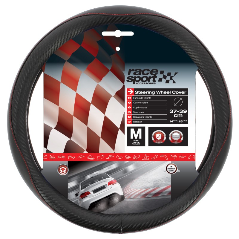 COUVRE VOLANT NOIR CARBONE SURPIQURE ROUGE 37-39CM