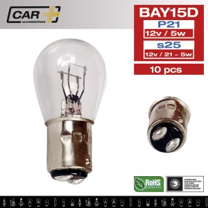 BOITE 10 AMPOULES STOP 12V. 21W/5W. 2 PLOTS BAY15D
