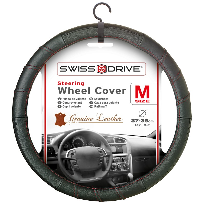 COUVRE VOLANT 37-39CM 100% CUIR NOIR SP ROUGE