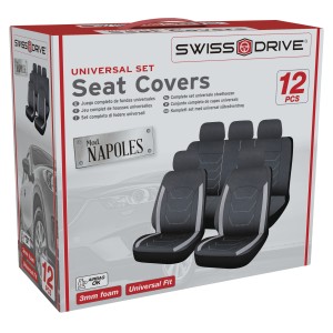 HOUSSES DE SIEGE NAPLES 12PCS NOIR SURPIQURES GRISES