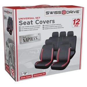 HOUSSES DE SIEGE NAPLES 12 PCS NOIR SURPIQURES ROUGE